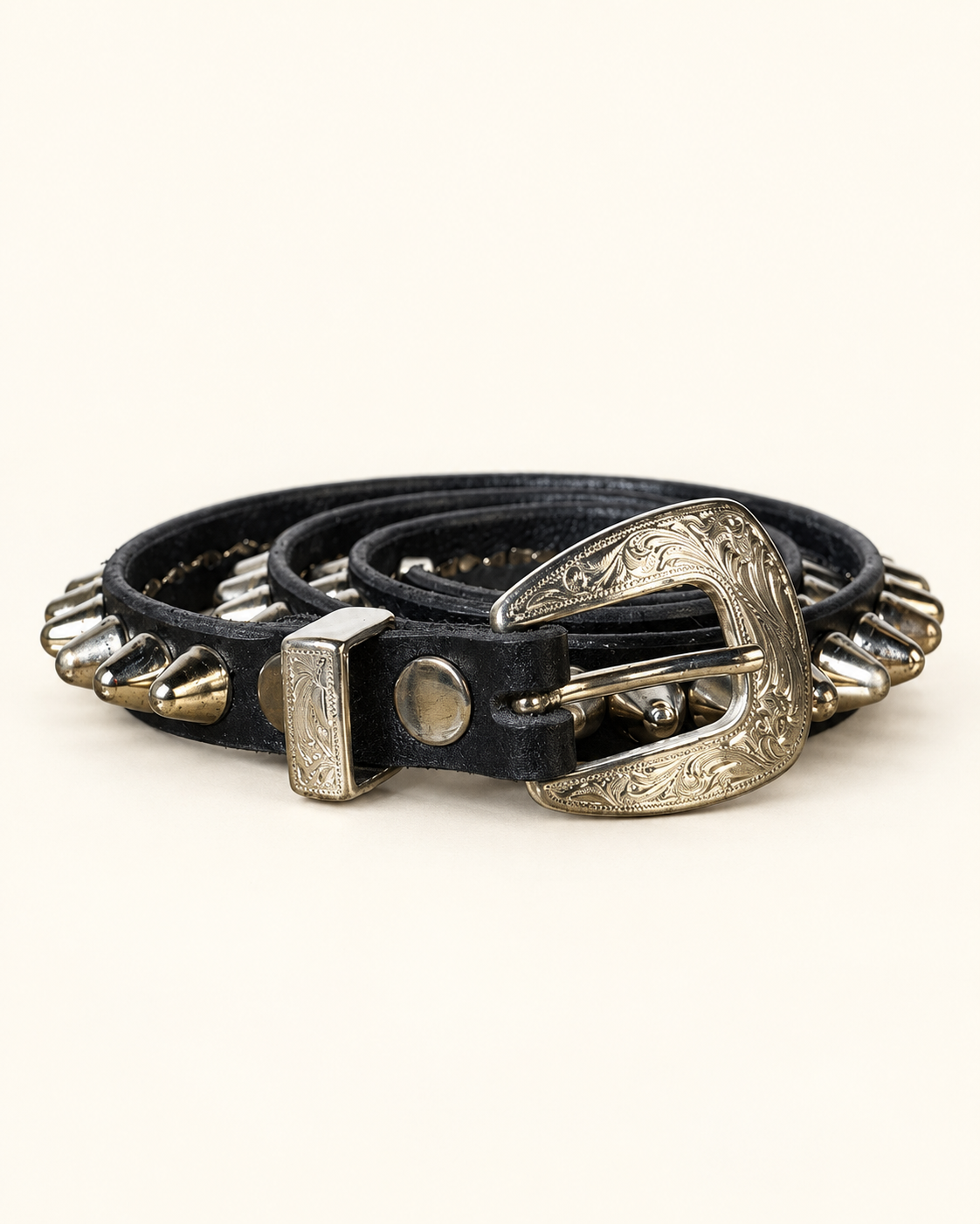 STEEL STUDDED LEATHER BELT — BLACK