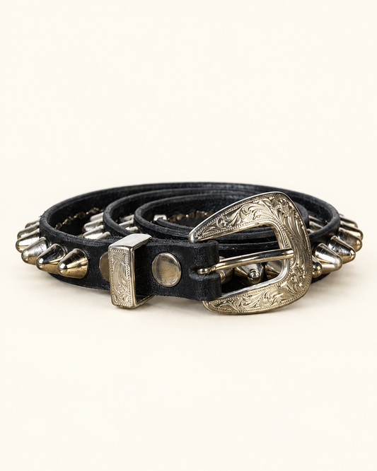STEEL STUDDED LEATHER BELT — BLACK