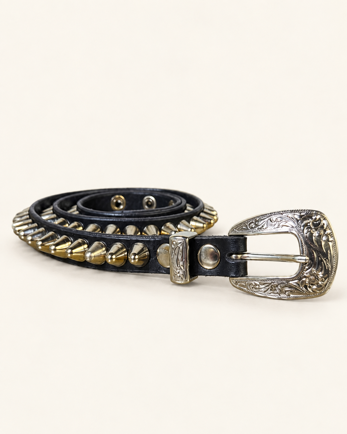 STEEL STUDDED LEATHER BELT — BLACK
