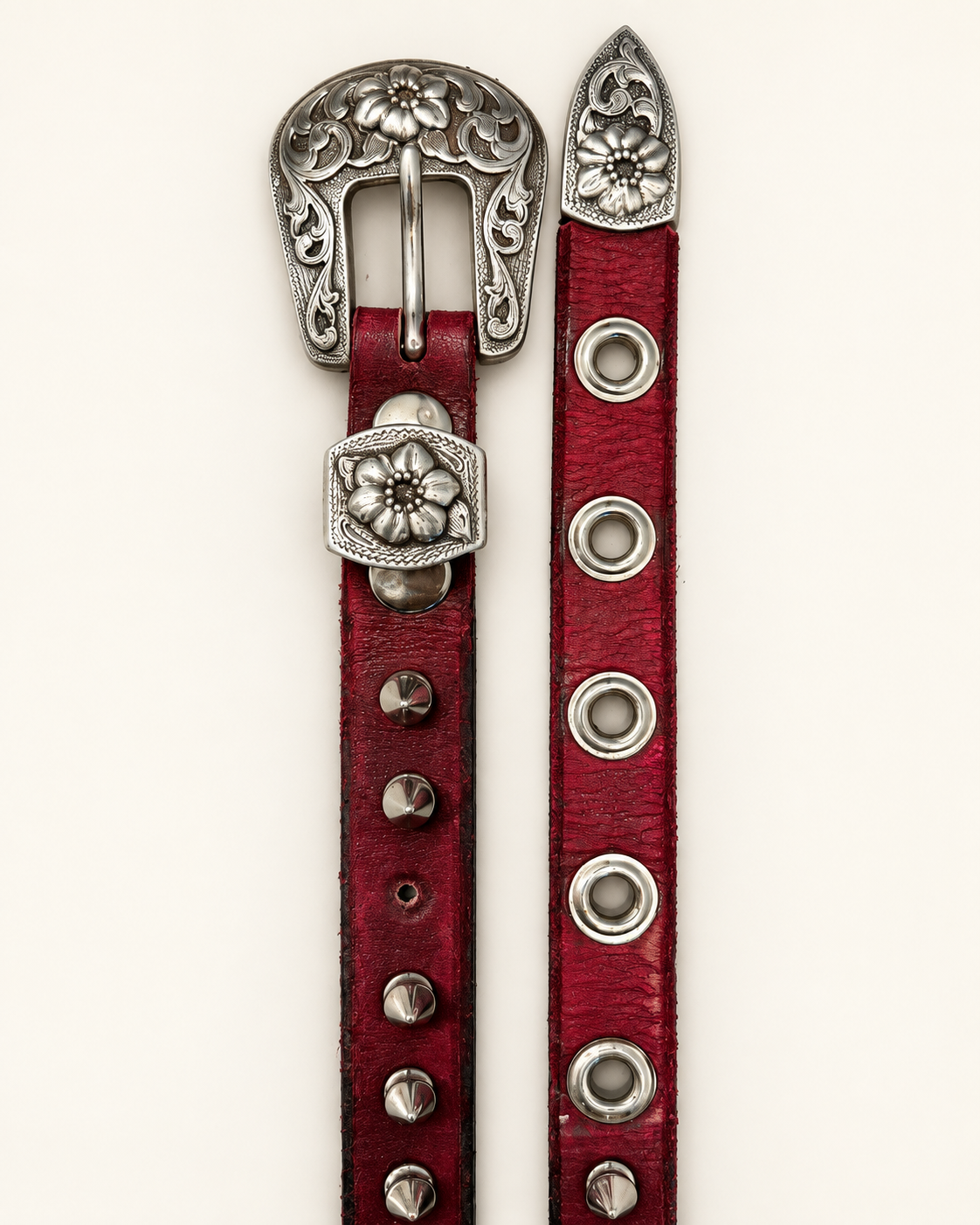 ROSE STUDDED LEATHER BELT — OXBLOOD