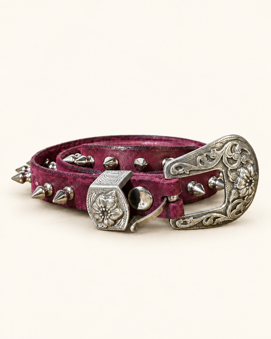 ROSE STUDDED LEATHER BELT — OXBLOOD