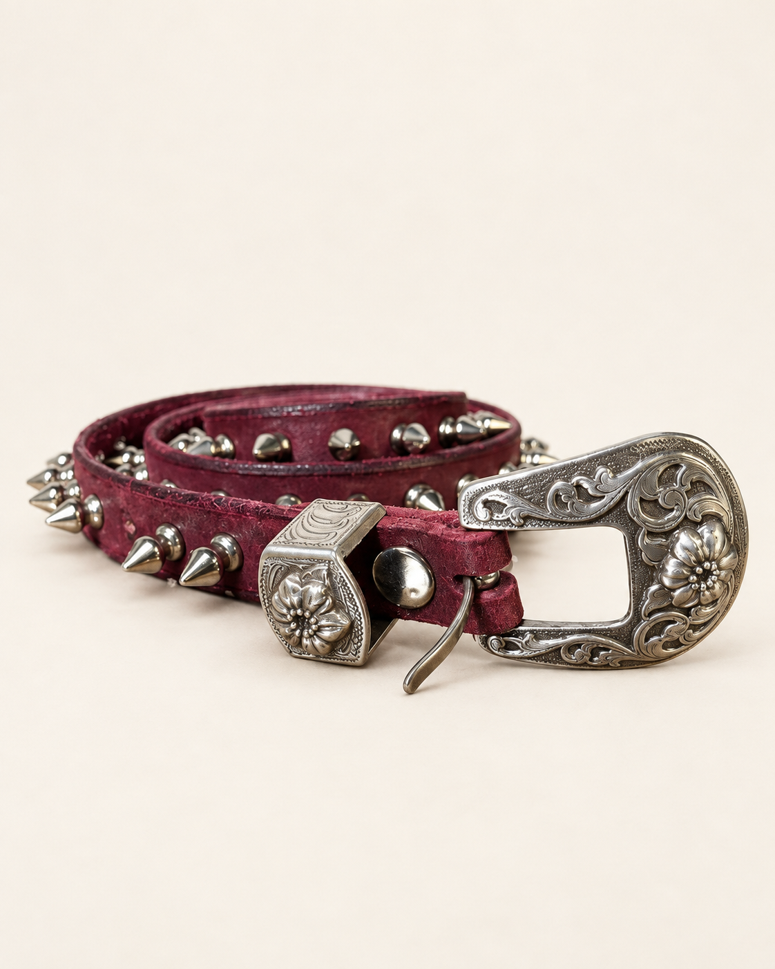 ROSE STUDDED LEATHER BELT — OXBLOOD
